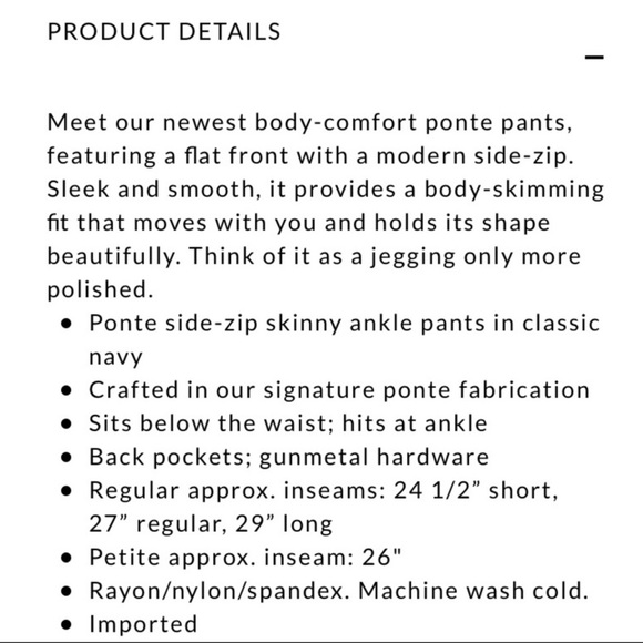 WHBM | Body Comfort Side-Zip Skinny Ankle Pants | Sz 0L - Picture 11 of 12